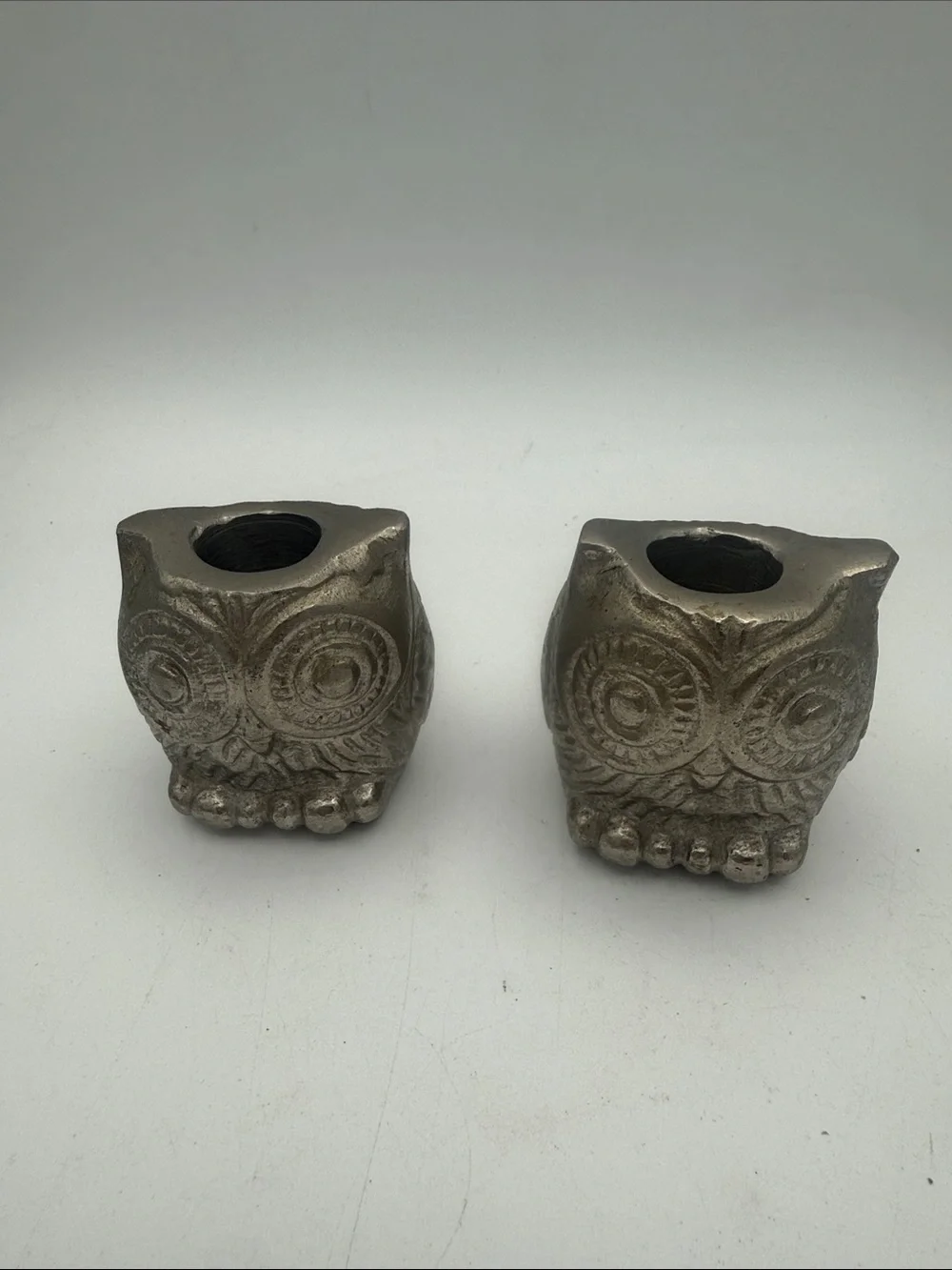 Pair of Hobby Lobby Metallic Silver tone metal Owl pillar candle Holders